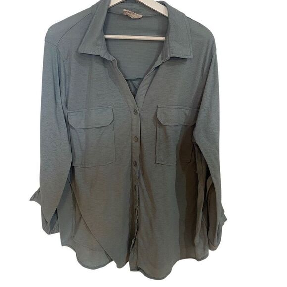 Flower + feather 2XL, long sleeve collared, button-down blouse, greenish blue wo - Picture 1 of 7
